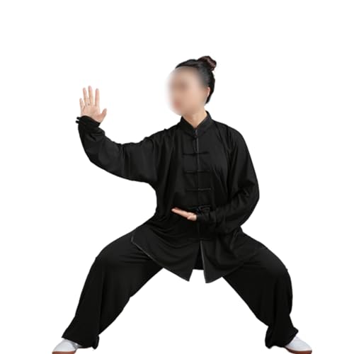 BINTING Ropa de artes marciales suaves unisex Traje de Tai Chi en traje de Kung Fu Color puro Seda de leche Tai Chi Qigong Wing Chun Ropa de manga larga,Negro,L
