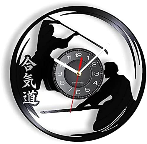 Reloj de pared Vinilo Música Decoraciones Japonés Aikido Kanji Artes marciales Lucha Deporte Disco de vinilo Reloj de pared Dojo Hombre Cueva Decoración Obra de arte Tallada Reloj de registro de músic