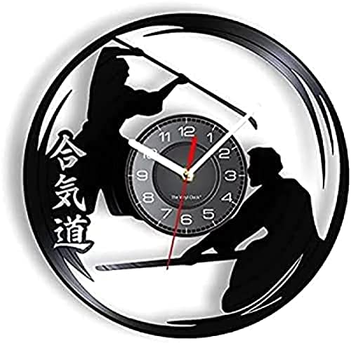 Reloj de Pared Redondo Aikido japonés Kanji Artes Marciales Lucha Deporte Dojo Ilustraciones Grabación de música Tallada Reloj Regalo Decorativo