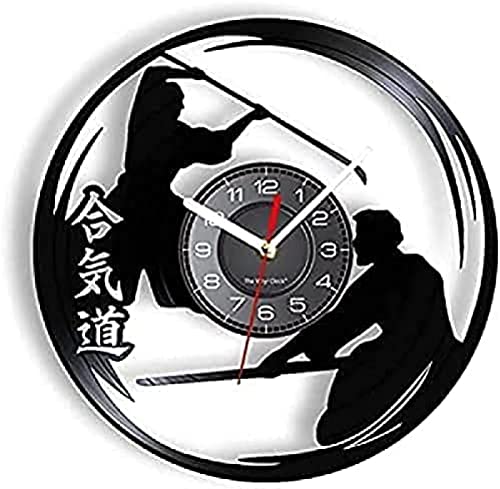 Reloj de Pared Redondo japonés Aikido Kanji Artes Marciales Lucha Deporte Dojo Ilustraciones talladas música Registro Reloj Decorativo Regalo