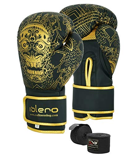 Islero Fitness - Guantes de boxeo negros mate para hombres, bolsa de boxeo para mujer, artes marciales de Muay Thai, Kick Boxing Sparring, guantes de lucha con envolturas de mano (negro, 12 onzas)