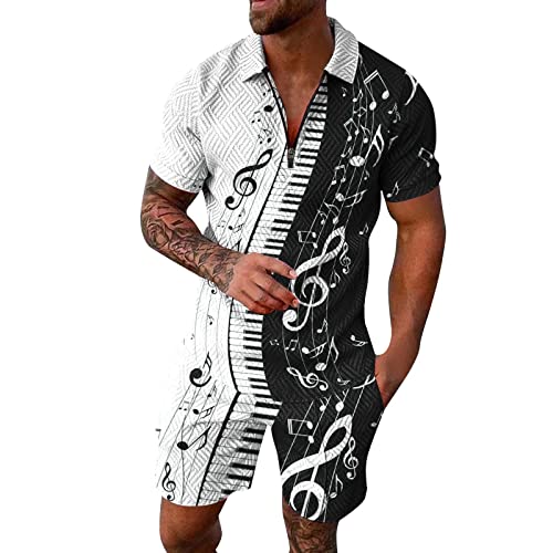 Mens Fashion Casual Music Printing Zipper Drawstring Shirt and Shorts Two Piece Suit Jersey Verde para Hombre, Le Noir, XL